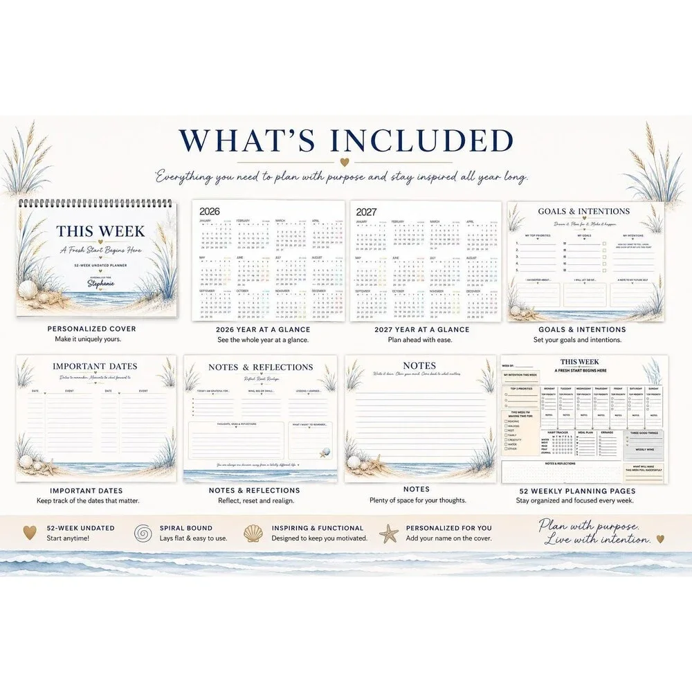 Personalized Weekly Planner Spiral Bound | 52 Week Undated Planner | Personalize